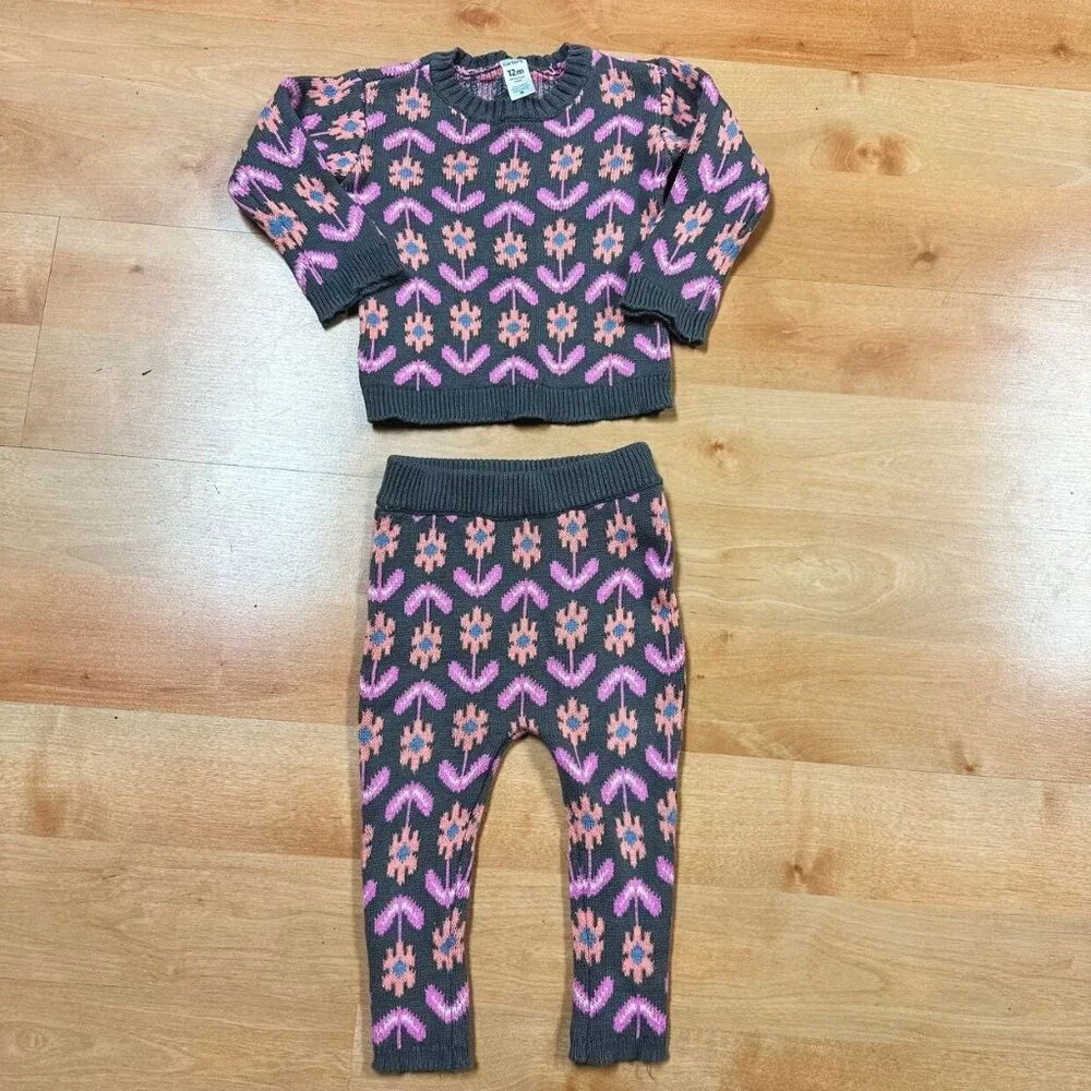 Carters Pink & Gray/Brown Baby Girl 2-Piece Floral Knit Outfit Size 12M